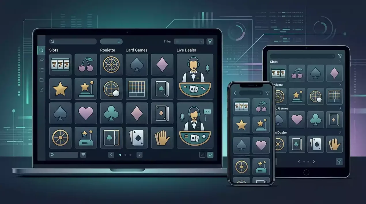Harrys Casino games library grid showing slots, table games and live casino categories
