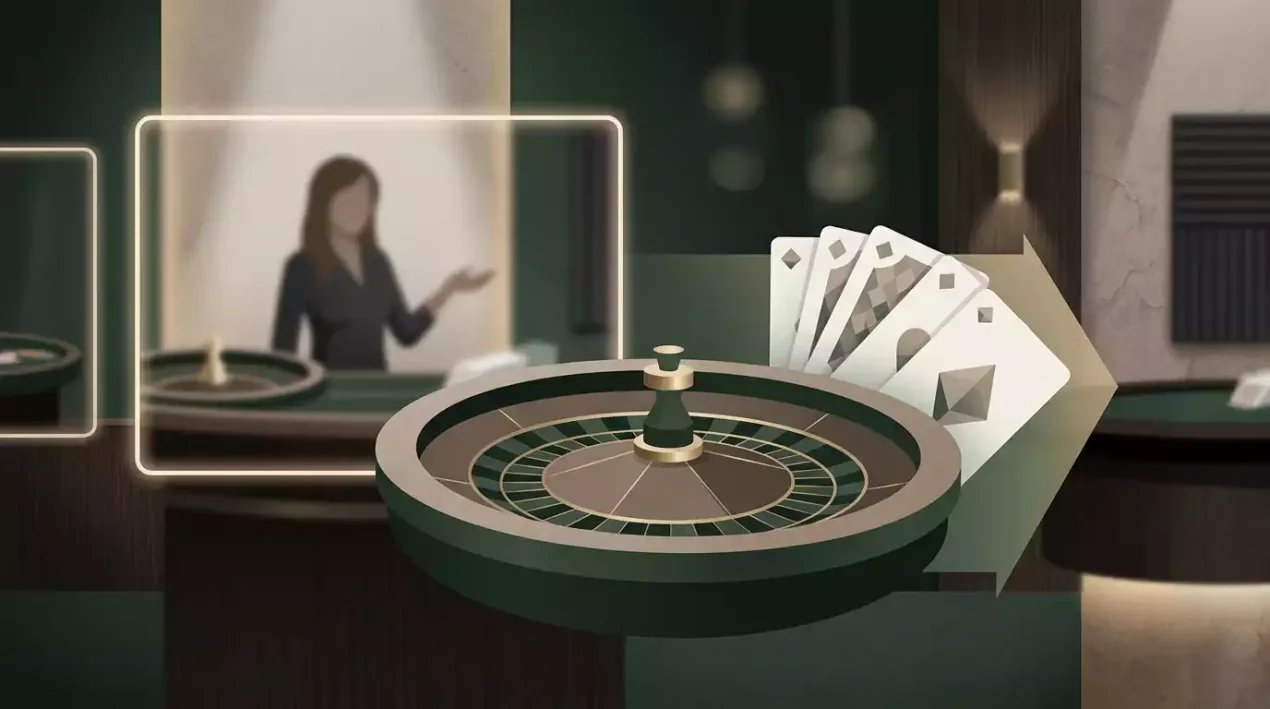 Harrys Casino live casino studio with roulette wheel and blackjack table