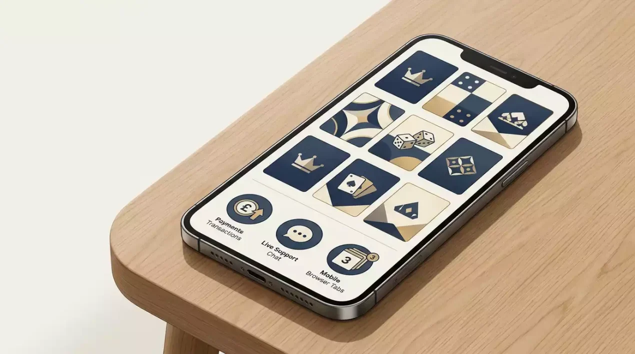 Harrys Casino mobile experience on a smartphone with GBP payment and live chat icons