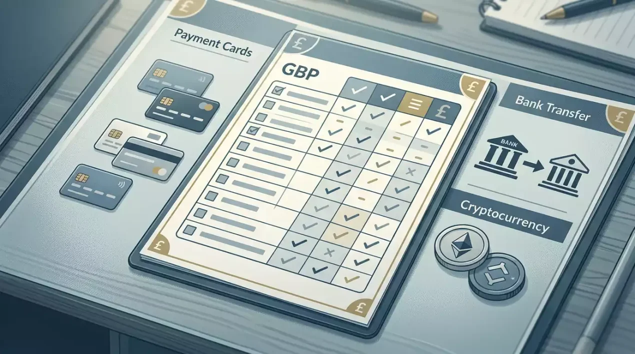 Harrys Casino payment methods illustration with GBP card, bank transfer and crypto icons