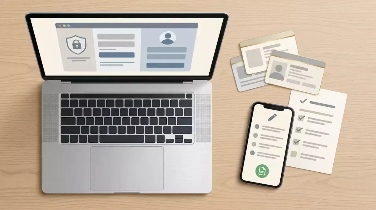 Illustration of account registration and identity verification checklist on a laptop