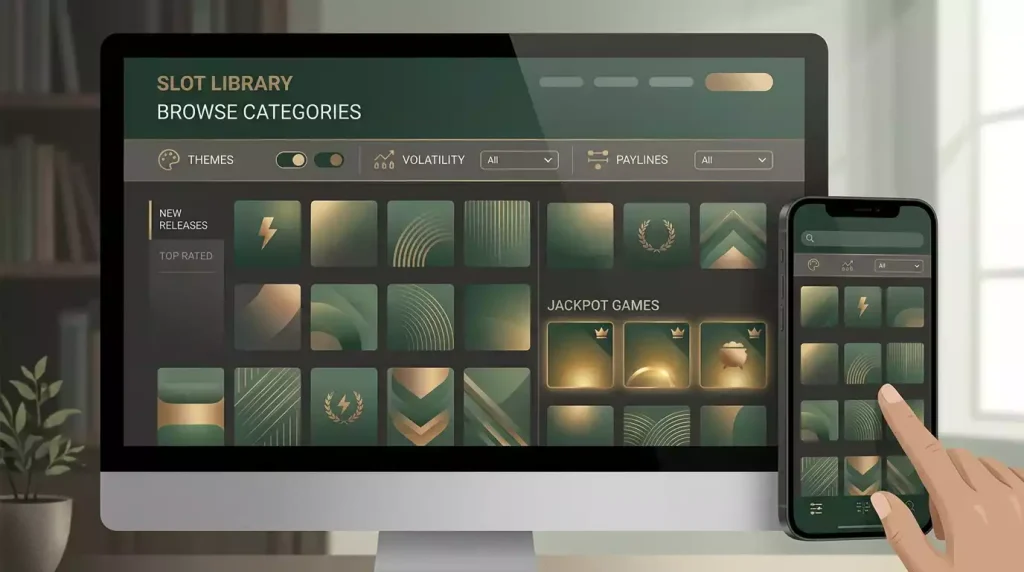 Harrys Casino slots tile grid on desktop and mobile screens