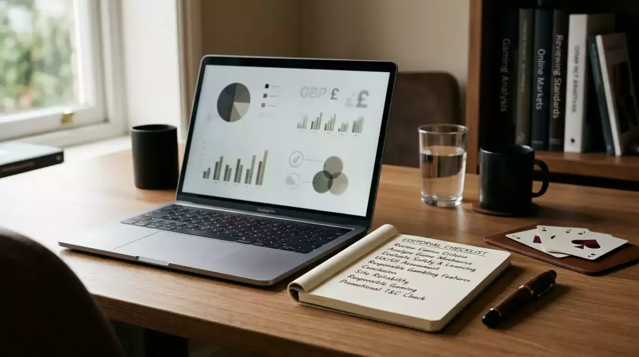 Harrys Casino UK review desk with laptop, GBP notes and decision checklist